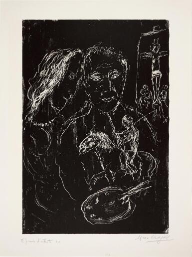 View full screen - View 1 of Lot 65. MARC CHAGALL | LE PEINTRE SUR FOND NOIR (M. 683).