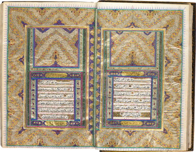 View full screen - View 1 of Lot 79. A LARGE AND FINELY-ILLUMINATED QUR'AN, COPIED BY MUHAMMAD SHAFI' B. 'ALI ASKAR AL-ARSANJANI, THE ILLUMINATION ATTRIBUTED TO REZA SANI’ HUMAYUN, PERSIA, QAJAR, DATED 1283 AH/1866-67 AD.