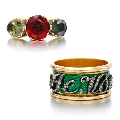 View full screen - View 1 of Lot 128. Enamel and diamond ring, and a paste ring, late 19th to early 20th century.