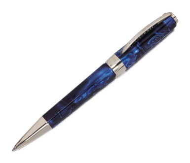 View full screen - View 1 of Lot 100. VISCONTI | A BLUE MARBLED RESIN BALLPOINT PEN WITH SILVER ACCENTS, CIRCA 2005.
