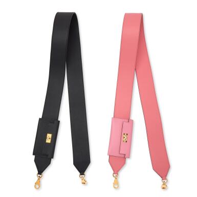 View full screen - View 1 of Lot 167. Hermès Set of Two Rose Azalee Swift and Rose Confetti Epsom Kelly Pocket Bag Strap Gold Hardware, 2020 and Black Swift and Epsom Kelly Pocket Bag Strap Gold Hardware, 2021.