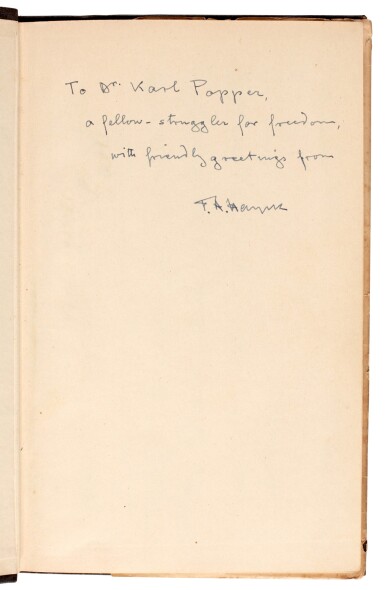 View full screen - View 1 of Lot 50. HAYEK | The Road to Serfdom, 1944, inscribed to Karl Popper.