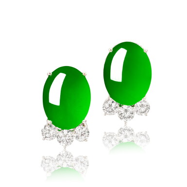 View full screen - View 1 of Lot 1743. Pair of Jadeite and Diamond Earrings | 天然翡翠 配 鑽石 耳環一對.