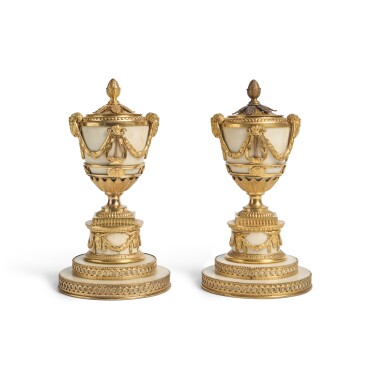 View full screen - View 1 of Lot 115. A Pair of George III White Marble and Gilt Bronze Lyre Vases by Matthew Boulton, Circa 1772.