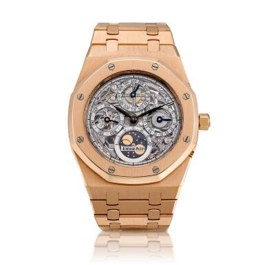 View full screen - View 1 of Lot 2052. Royal Oak, Reference 25829OR.OO.0944OR.01 | A pink gold skeletonized perpetual calendar bracelet watch with moon phases and leap year indication, Circa 2007 | 愛彼 | 皇家橡樹系列 型號25829OR.OO.0944OR.01 | 粉紅金鏤空萬年曆鏈帶腕錶,備月相及閏年顯示,約2007年製.