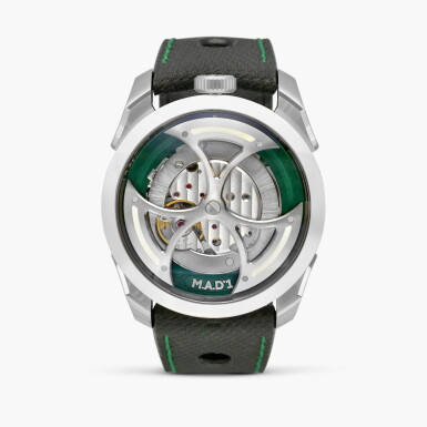 View full screen - View 1 of Lot 2329. M.A.D.1 Green | A stainless steel semi-skeletonised wristwatch with lateral time display and triple-blade winding rotor, Made in collaboration with MB&F, Circa 2023.