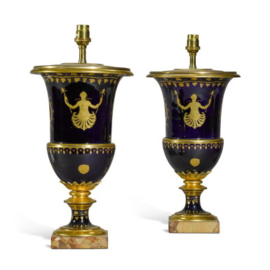 View full screen - View 1 of Lot 65. A pair of gilt-bronze and marble mounted Paris porcelain vases, mounted as lamps, circa 1800.