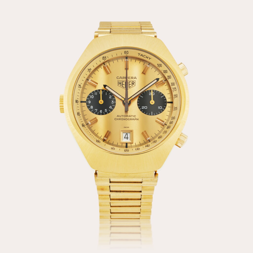 View full screen - View 1 of Lot 113. Reference 110.515 CHN Carrera | A gold-plated stainless steel automatic chronograph wristwatch with date and bracelet, Circa 1974.