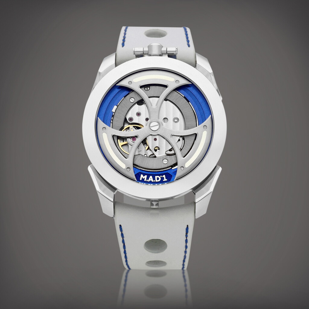 View full screen - View 1 of Lot 2169. M.A.D.1 | A stainless steel semi-skeletonised wristwatch with lateral time display and triple-blade winding rotor, Made in collaboration with MB&F, Circa 2021 | M.A.D.1 | 精鋼半鏤空腕錶,備橫向時間顯示及三葉擺陀,與 MB&F 合製,約2021年製.