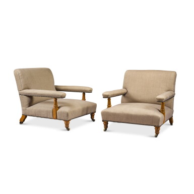 View full screen - View 1 of Lot 136. A pair of Victorian upholstered and oak armchairs, attributed to Howard & Sons, late 19th century.