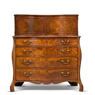 View full screen - View 1 of Lot 189. A George III fiddle-back and flame mahogany serpentine commode, circa 1770.