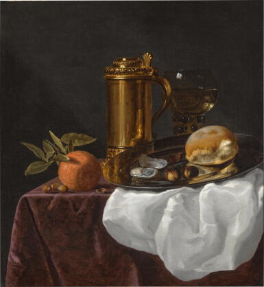 View full screen - View 1 of Lot 148. Still life with a 17th-century German tankard with oysters, bread and an orange resting on a draped ledge.