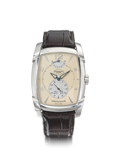 View full screen - View 1 of Lot 142. PARMIGIANI FLEURIER | KALPA XL HEBDOMADAIRE, A STAINLESS STEEL RECTANGULAR WRISTWATCH WITH DATE AND POWER RESERVE INDICATION CIRCA 2007.