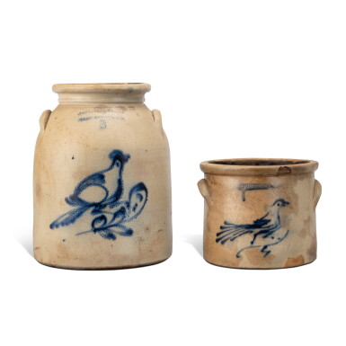 View full screen - View 1 of Lot 328. Two Salt-Glazed and Cobalt Blue Decorated Stoneware Vessels, the first Satterlee & Mory, Fort Edward, New York, the second White's, Utica, New York, Circa 1865.