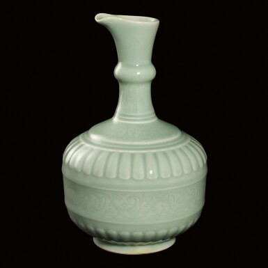 View full screen - View 1 of Lot 10. AN EXTREMELY RARE CELADON-GLAZED EWER SEAL MARK AND PERIOD OF YONGZHENG | 清雍正 粉青釉暗劃花卉紋花澆 《大清雍正年製》款.
