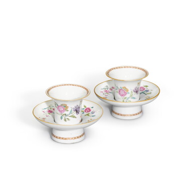View full screen - View 1 of Lot 296. A pair of famille-rose trembleuse cups and saucers, Qing dynasty, 18th century.