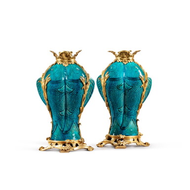 View full screen - View 1 of Lot 170. A pair of gilt-bronze mounted blue enameled porcelain vases, China, 19th century and Louis XV style, late 19th century | Paire de vases "aux carpes" en porcelaine émaillée bleu turquoise, Chine, XIXe siècle et monture de bronze doré de style Louis XV, fin XIXe siècle.
