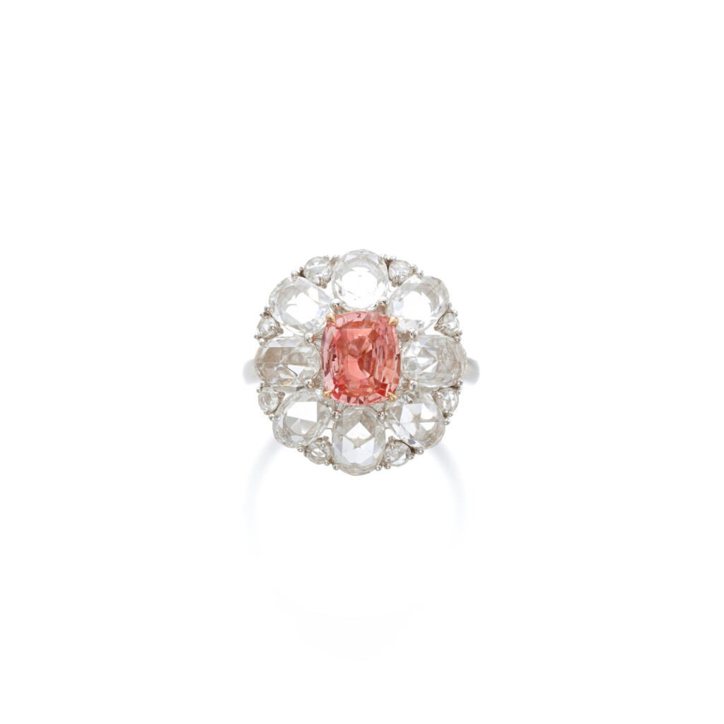View full screen - View 1 of Lot 768. Padparadscha sapphire and diamond ring.