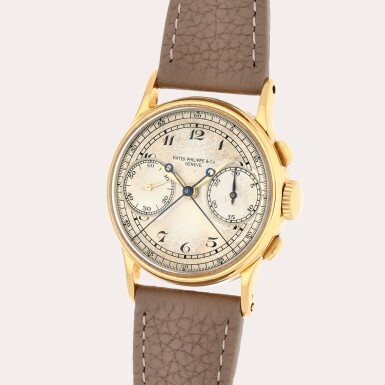 View full screen - View 1 of Lot 17. Reference 1436 | A unique yellow gold split-second chronograph wristwatch with hard enamel Breguet numerals and oversized registers | Made in 1942.