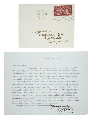 View full screen - View 1 of Lot 103. J.R.R. Tolkien | Typed letter signed, to Mary Newall, discussing his unpublished works on Middle-Earth, 10 August 1957.