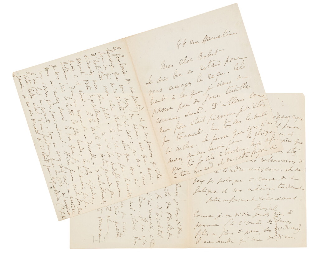View full screen - View 1 of Lot 132. Lettre signée à Robert de Billy. 1919. 7 p. Déclaration d'amitié au modèle de Saint-Loup..