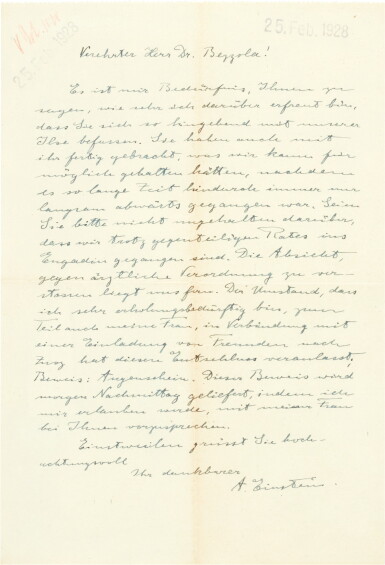 View full screen - View 1 of Lot 53. Albert Einstein | Autograph letter to the psychiatrist Dr. Dumeng Bezzola, about his stepdaughter Ilse, 25 February 1928.
