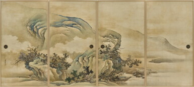 View full screen - View 1 of Lot 2098. Tani Buncho (1763-1841), Latter Ode to the Red Cliff (Go Sekiheki zu), Edo period, 19th century | 谷文晁 後赤壁図襖 江戸時代後期 19世紀前半.