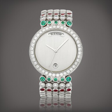 View full screen - View 1 of Lot 919. A platinum, diamond, emerald and ruby-set bracelet watch with day and date, Circa 2005 | 海瑞溫斯頓 | 鉑金鑲鑽石、綠寶石及紅寶石鏈帶腕錶,備日期及星期顯示,約2005年製.