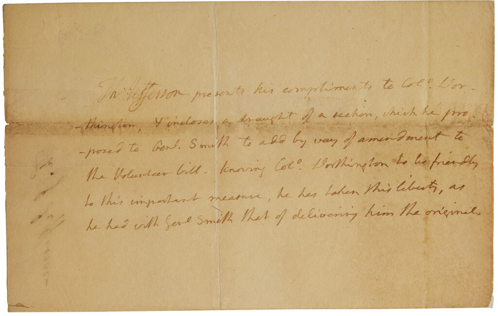 View full screen - View 1 of Lot 2122. Jefferson, Thomas. Autograph letter signed, to Thomas Worthington, ca. 31 January 1807.