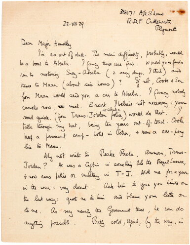 View full screen - View 1 of Lot 74. T. E. Lawrence | Autograph letter signed, to Major Leonard Handley, 22 July 1929.