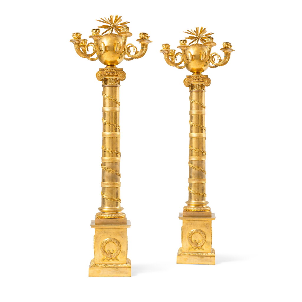 View full screen - View 1 of Lot 516. A pair of Empire gilt-bronze candelabra, Paris, circa 1810.