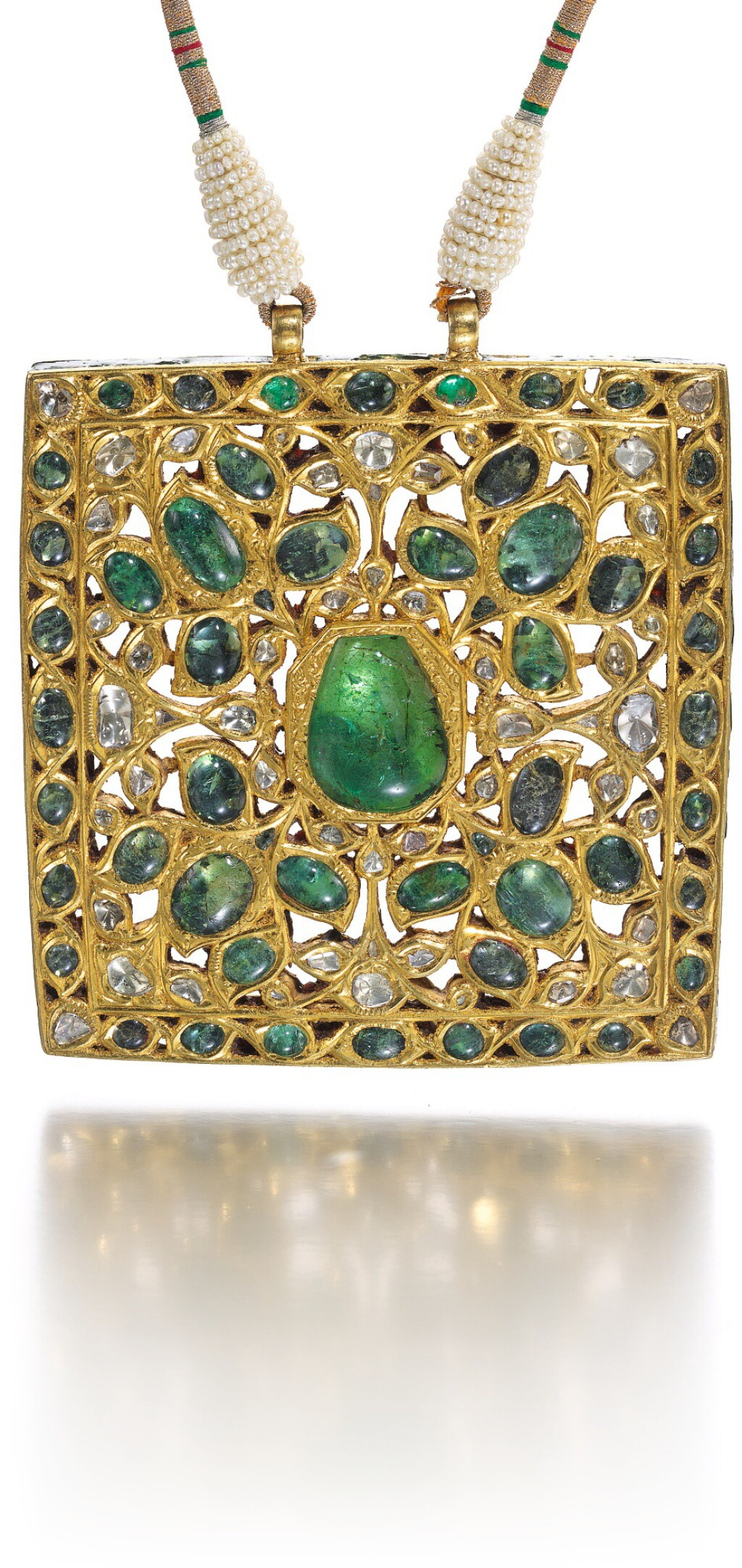 View full screen - View 1 of Lot 239. A LARGE MUGHAL GEM-SET AND ENAMELLED BELT BUCKLE SET AS A NECKLACE, NORTH INDIA, 18TH CENTURY.