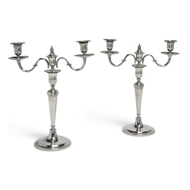 View full screen - View 1 of Lot 223. A PAIR OF GEORGE III SILVER TWO-LIGHT CANDELABRA, JOHN SCHOFIELD, LONDON, 1786.