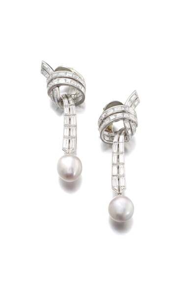 View full screen - View 1 of Lot 427. STERLÉ | PAIR OF NATURAL PEARL AND DIAMOND EAR CLIPS, 1950S.