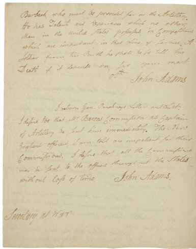 View full screen - View 1 of Lot 2102. Adams, John. Autograph letter signed, to James McHenry, 29 March 1799.