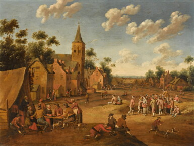 View full screen - View 1 of Lot 346. A village landscape with peasants at a table, gamblers in the middle distance, dogs and other figures with a church and houses beyond.