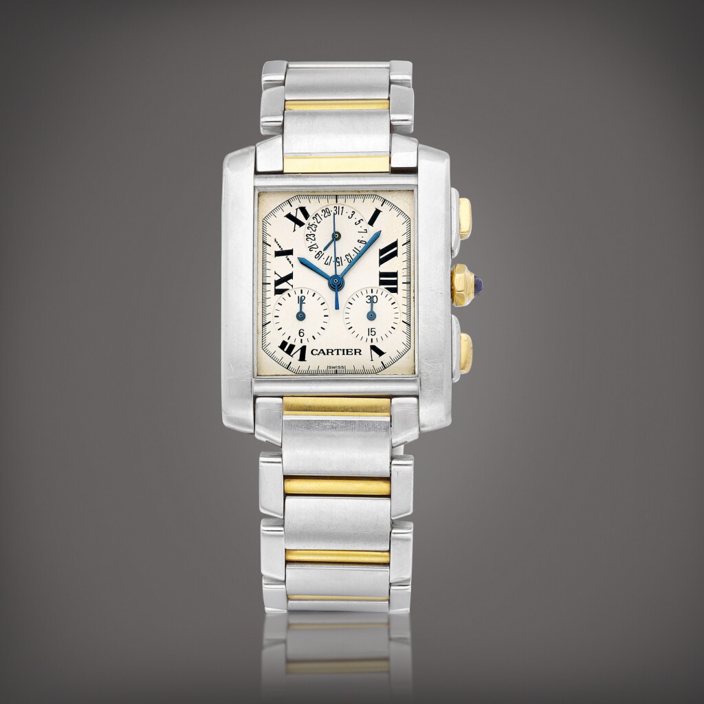 Voir en plein écran - Voir 1 du lot 755. Tank Française, Reference 2303 | A yellow gold and stainless steel chronograph wristwatch with date and bracelet, Circa 2003 | 卡地亞 | Tank Française 型號2303 | 黃金及精鋼計時鏈帶腕錶,備日期顯示,約2003年製.