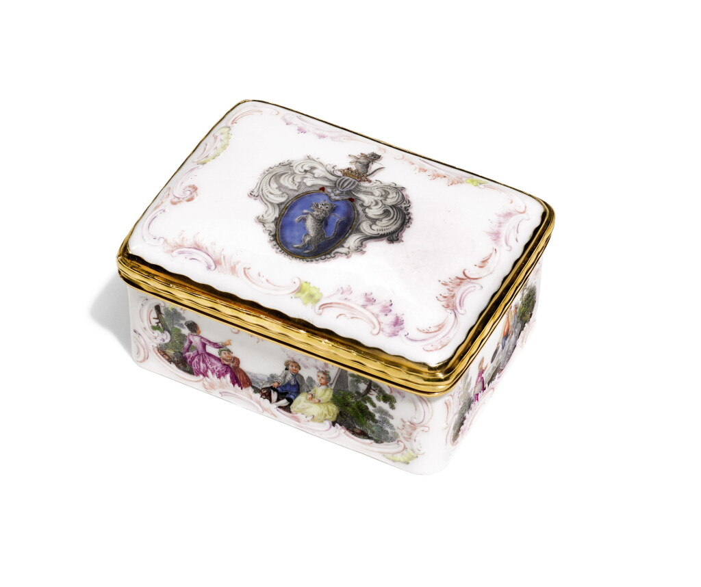 View full screen - View 1 of Lot 69. A Meissen gold-mounted armorial snuff-box and cover, Circa 1755.