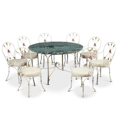 View full screen - View 1 of Lot 2012. A Suite of Directoire Style Grey-Painted and Parcel-Gilt Metal Furniture, 20th Century .