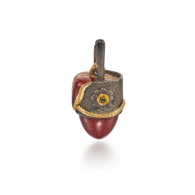 View full screen - View 1 of Lot 192. A Fabergé gold and silver-mounted purpurine and enamel egg pendant, workmaster Erik Kollin, St Petersburg, 1899-1901.
