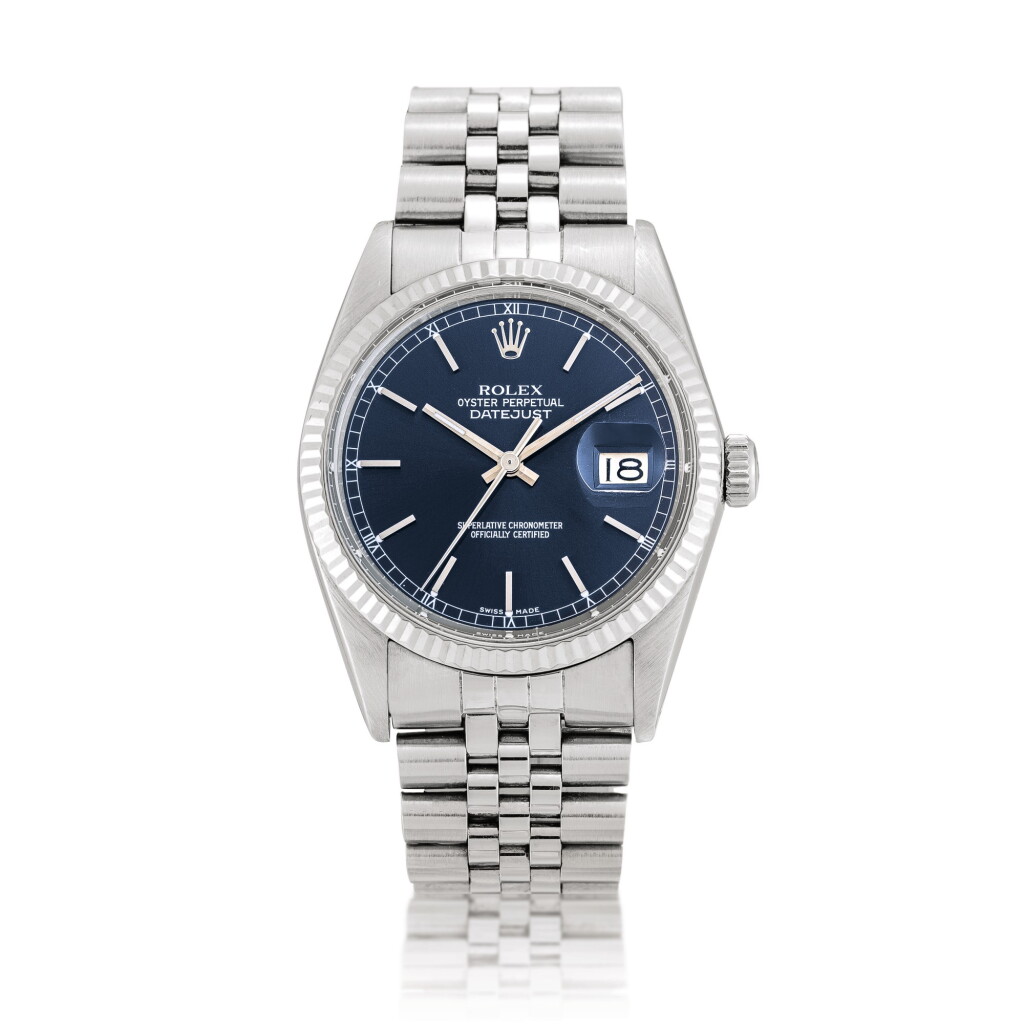 View full screen - View 1 of Lot 2253. Rolex | DateJust, Reference 16014, A stainless steel wristwatch with date, white gold bezel and bracelet, Circa 1981 | 勞力士 | DateJust 型號16014 精鋼鏈帶腕錶,備日期顯示及白金錶圈,約1981年製.