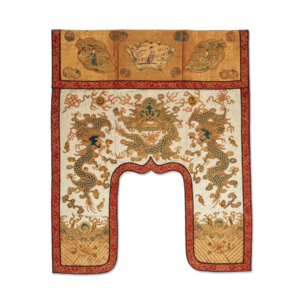 View full screen - View 1 of Lot 625. A silk embroidered 'dragon' altar frontal, Qing dynasty, 19th century | 清十九世紀 刺繡海水江崖雲龍戲珠紋桌帷.