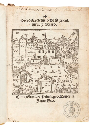 View full screen - View 1 of Lot 99. Crescenzi, De agricultura istoriato, Venice, 1504, later vellum, Ashburner copy.