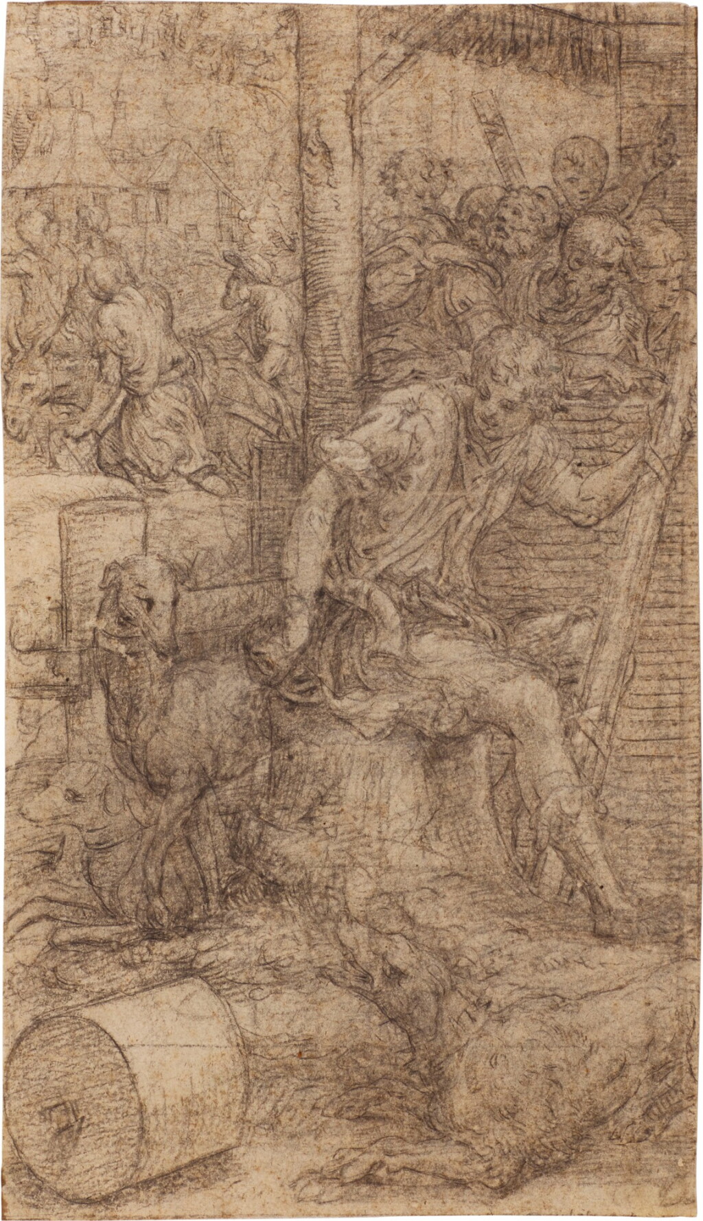 View full screen - View 1 of Lot 13. A young shepherd seated on a tree trunk, three dogs beside him, figures beyond and houses in the background.