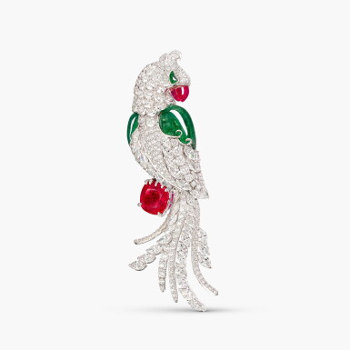 View full screen - View 1 of Lot 1675. Ruby, Diamond and Emerald Brooch | 天然「阿富汗」未經加熱紅寶石 配 鑽石 及 祖母綠 胸針.