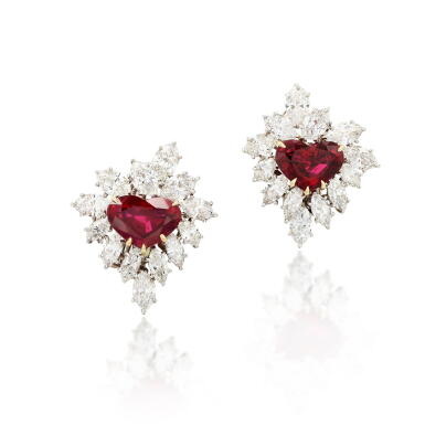 View full screen - View 1 of Lot 611. Pair of ruby and diamond ear clips.