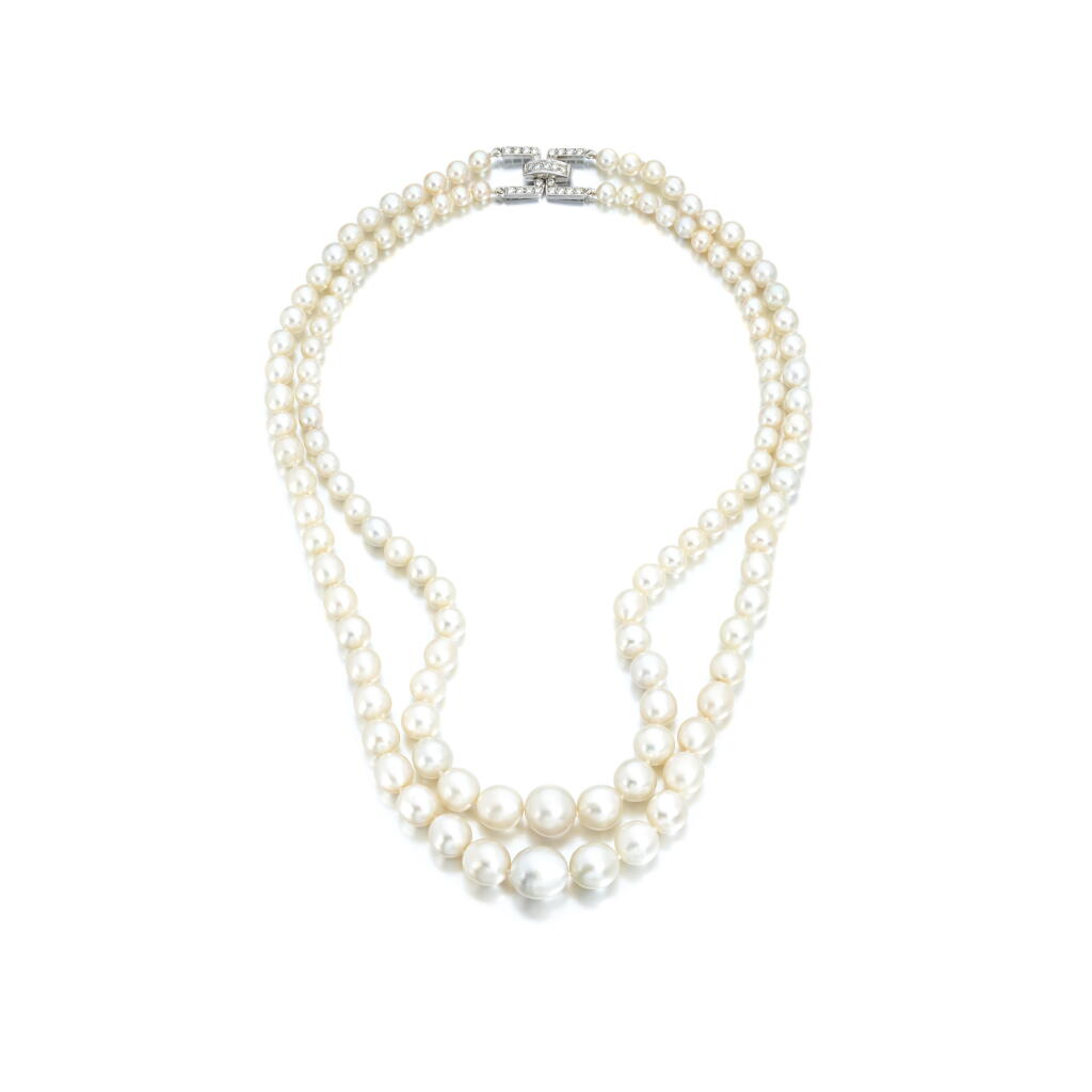 View full screen - View 1 of Lot 594. Elegant natural pearl and diamond necklace.