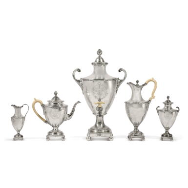 View full screen - View 1 of Lot 542. A George III Silver Five-Piece Tea and Coffee Set, John Carter, London, 1772.