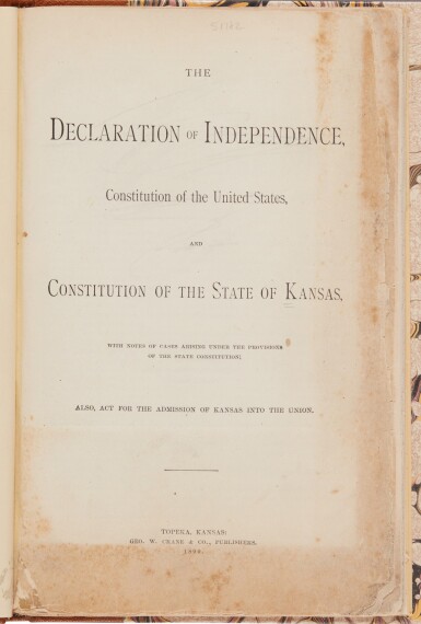 View full screen - View 1 of Lot 120. Kansas | A nineteenth-century printing of the Kansas Constitution .