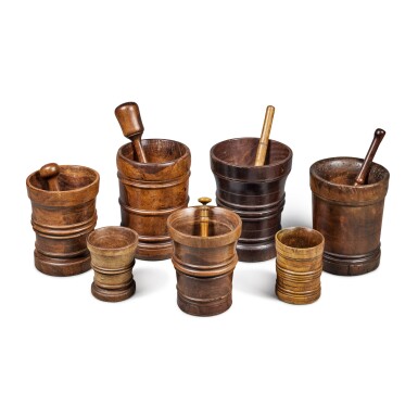 View full screen - View 1 of Lot 130. A Set of Seven Northern European Turned Lignum Vitae Apothecary Mortars with Four Pestles, possibly Danish, 18th Century.